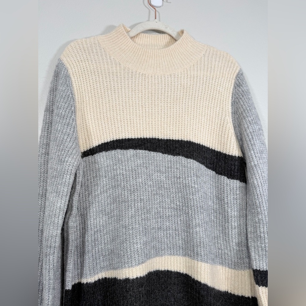 &Merci Sweater Colorblock Mock Turtleneck Cream Gray Black Heavy Warm Women L - Picture 4 of 6